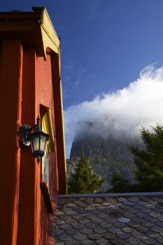 Detail of an old wooden church in Nordland on island of Vaeroy, Lofoten, Norway