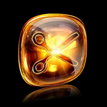 Scissors icon amber, isolated on black background
