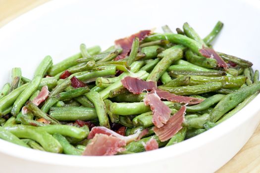 Salad - fried green beans with serrano ham - Spanish cuisine