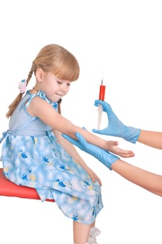 doctor taking a blood from a child on white background