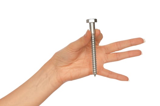 woman holding big bolt in the hand for using in industry