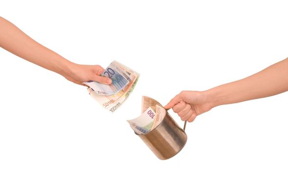 beggar woman with a metal cup asking the money