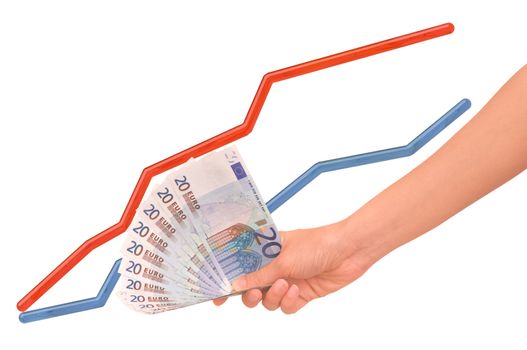 Euro in the woman's hand as an indicator of economy increase