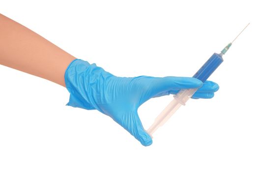 Woman holds in the hand syringe with a new blue color antibiotic