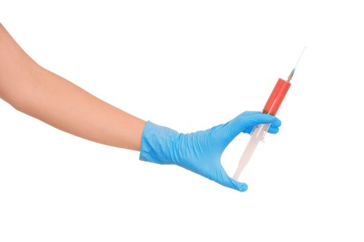 Woman holds in the hand syringe with a new antibiotic mixed with blood