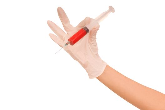Woman holds in the hand syringe with a new antibiotic mixed with blood