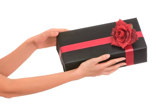woman giving a black box with red rose as a gift