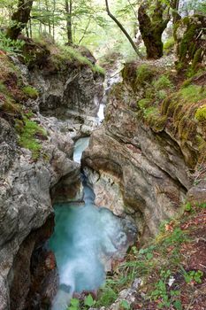 Canyon of mountain stream Moznica or Nemclja in Triglav national park, Slovenia.