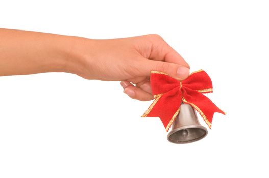 hand bell with red bow in the woman's hand for ringing