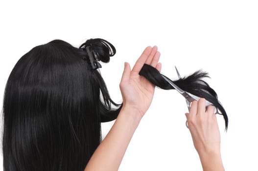 hairdresser cutting young woman with long black hair