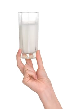 Woman giving a glass with milk on white background