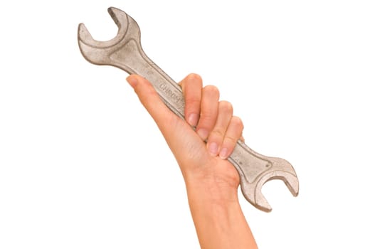 woman holding big chrome vanadium spanner in the hand