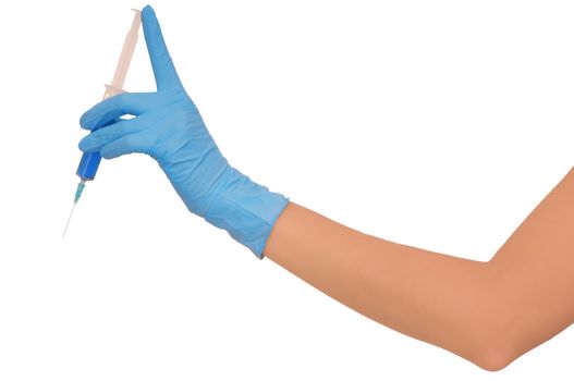 Woman holds in the hand syringe with a new blue color antibiotic