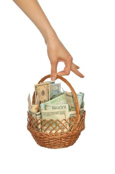 woman holding a basket with money for buying some goods