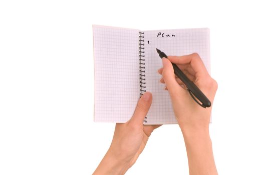 business woman writes business plan on white background