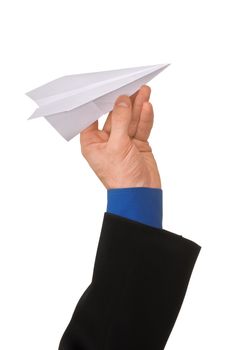 Businessman throwing white paper plane on white background