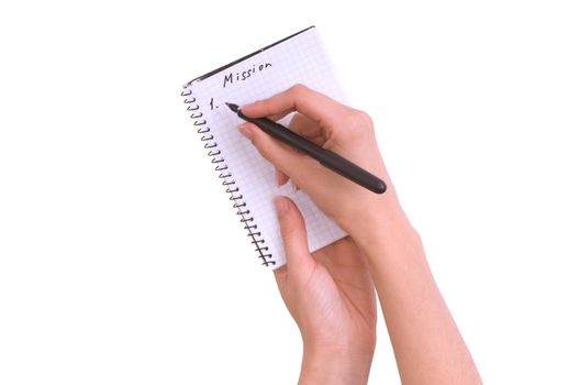 business woman writes mission on white background