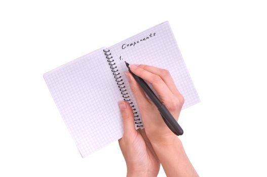 business woman writes components for business plan on white background