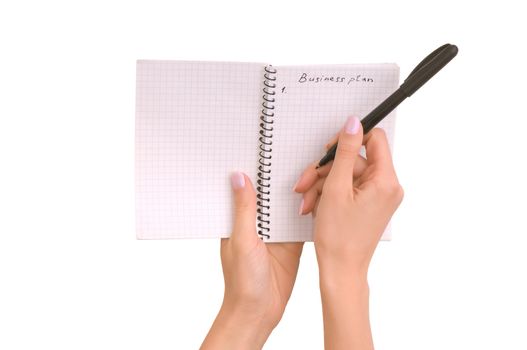 Business woman writing business plan on white background