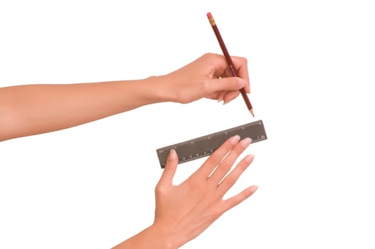 Woman draws line with rule and pencil