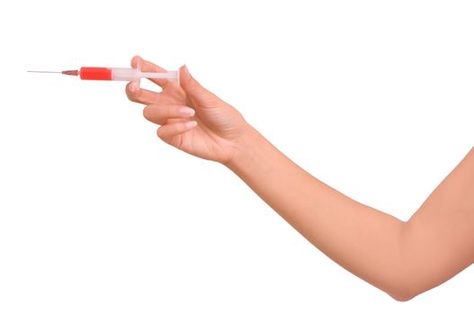 Woman holds in the hand syringe with a new antibiotic mixed with blood