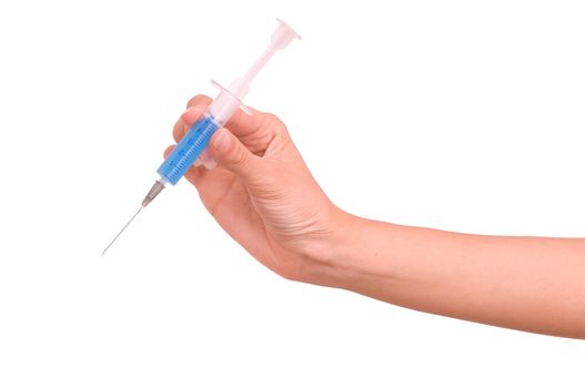 woman holds the syringe for making injections on white background