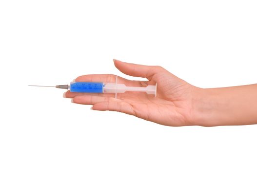 Woman holds in the hand syringe with a new synthetic hard drugs for escape from reality