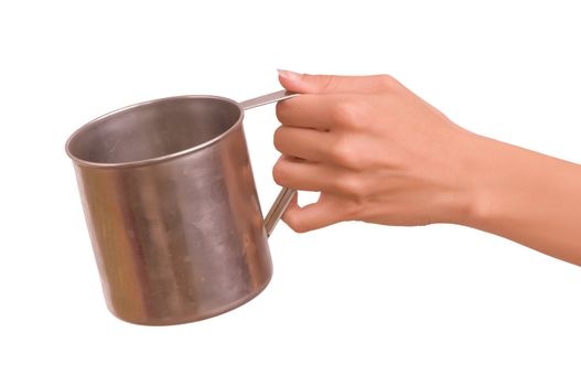 beggar woman with a metal cup asking the money