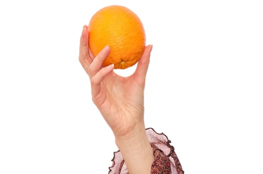 orange in the woman's hand for keping the diet