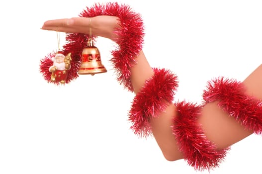 Christmas-tree decorations in the hand on white background