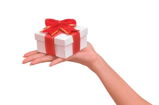 white box with red bow as a gift on white background