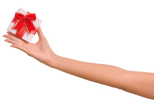 White box with red bow as a gift on white background