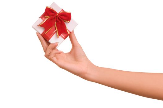 White box with red bow as a gift on white background