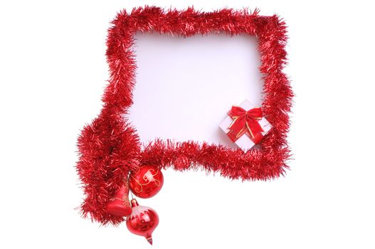 frame decorated with Christmas-tree decorations on white background