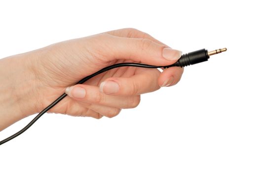 woman taking audio jack in the hand