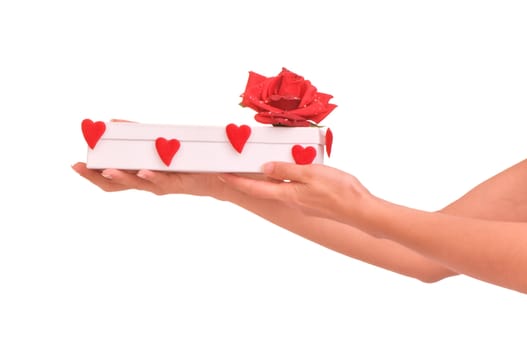 white box with hearts and rose on white background