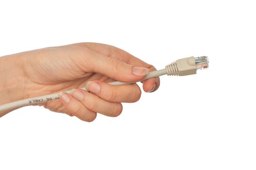 woman holding grey LAN cord in the hand