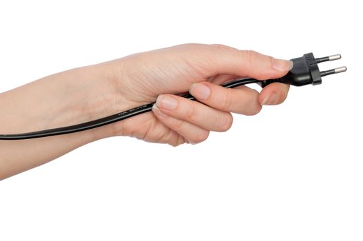 woman holding black outlet in the hand