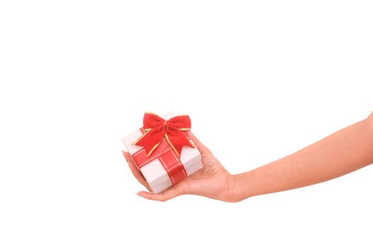white box with red bow as a gift on white background