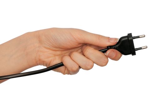 woman holding black outlet in the hand