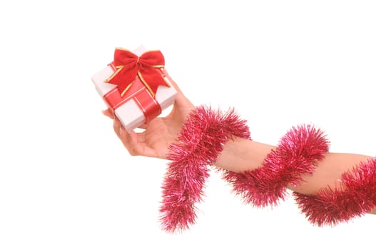 white box with red bow as a gift on white background