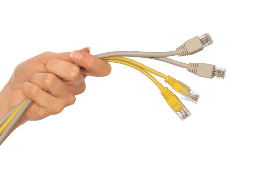 woman holding power LAN cord in the hand
