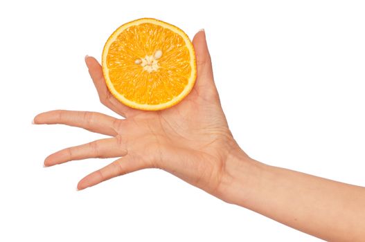 orange in the woman's hand for keping the diet