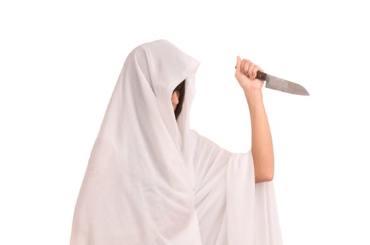 woman in white clothes with knife on white background