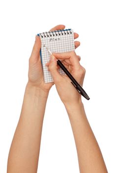 Business woman writing business plan on white background