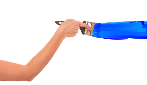 woman drawing the blue line with brush