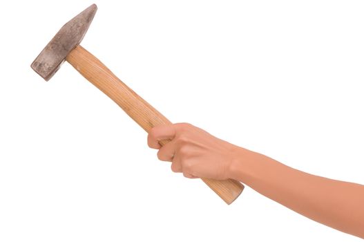 woman working with a hammer on white background