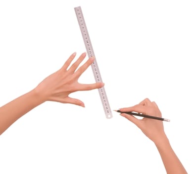 Woman draws line with rule and pencil