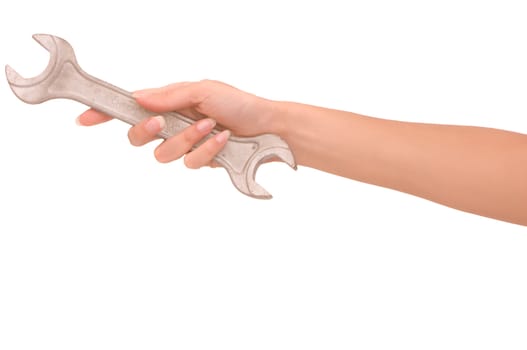 woman holding big chrome vanadium spanner in the hand
