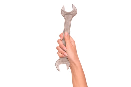 spanner in the woman's hand on white background